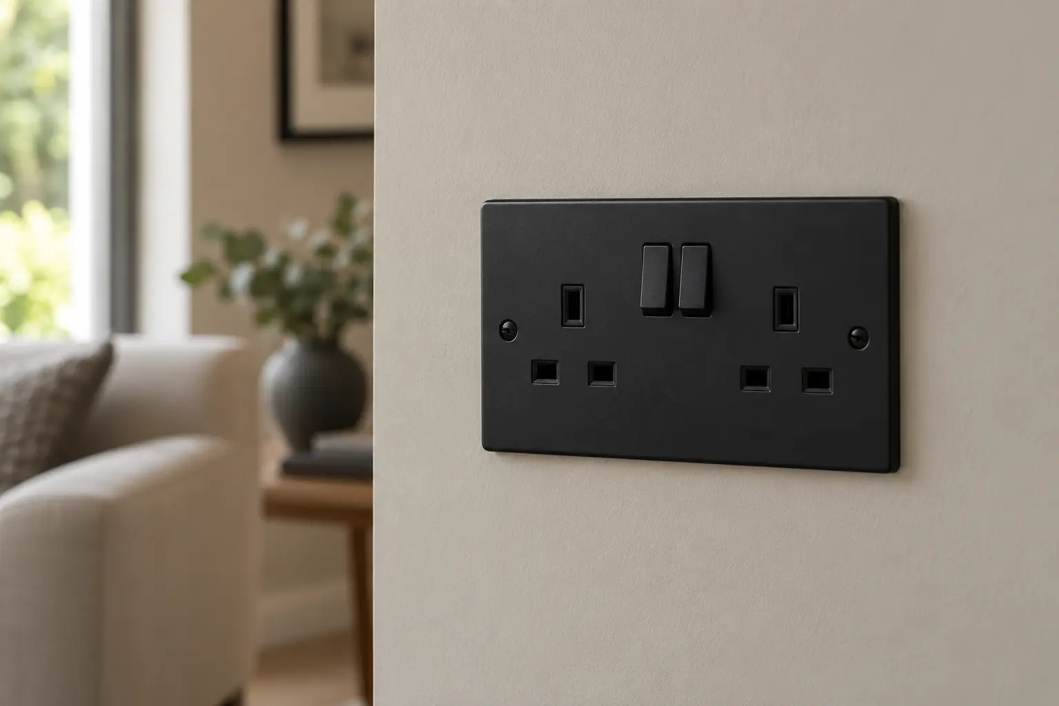 Modern matte black double socket installed in a home